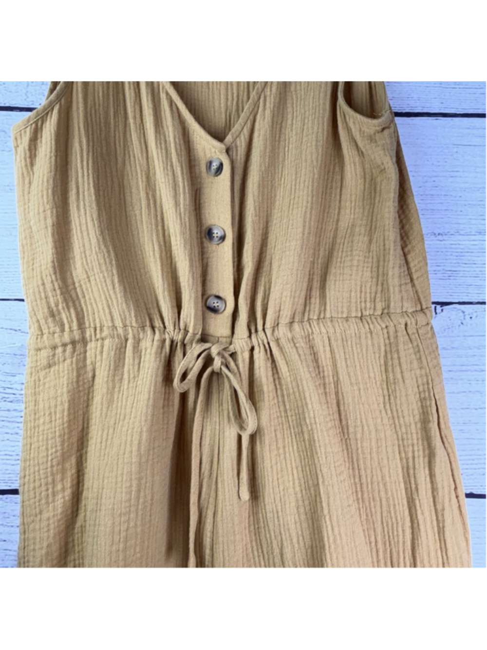 En Luxe Mustard Yellow Cotton Gauze Romper Tie Shoulder Button Front Jumpsuit M - Picture 5 of 8